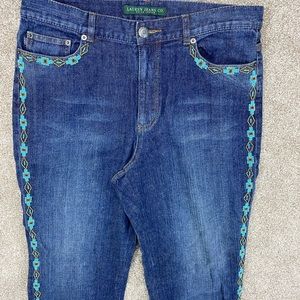 NWT RARE Lauren Jeans Co Women Size Large 33x30 Blue Denim South Western Beaded